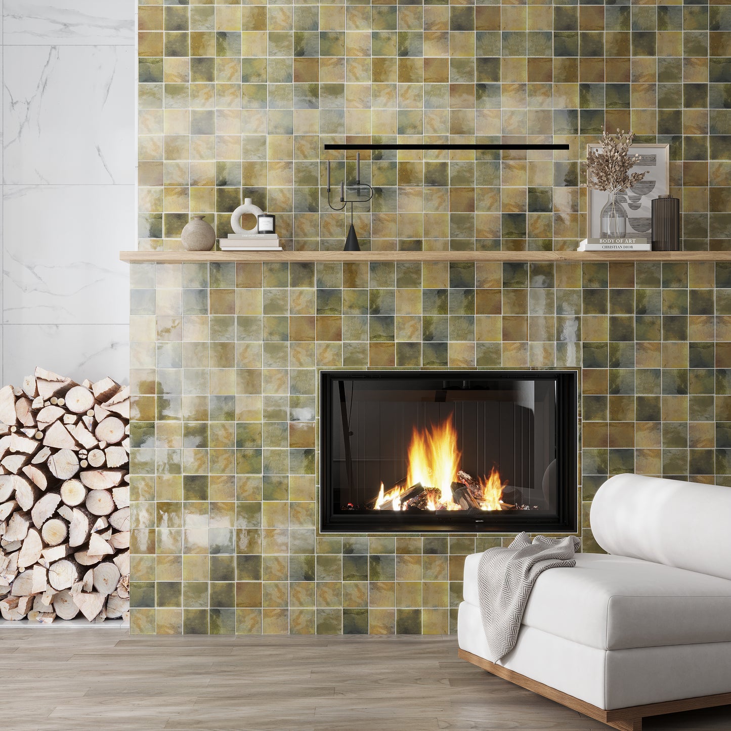 olive green 4x4 glossy ceramic square tiles installed on a fireplace surround with varying green and yellow tones