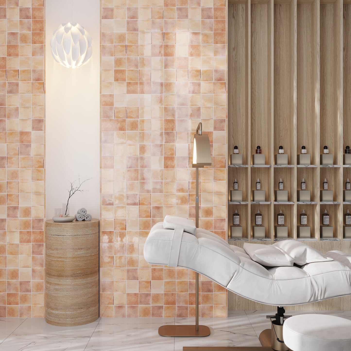pink 4x4 glossy ceramic square tiles arranged in warm varied shades
