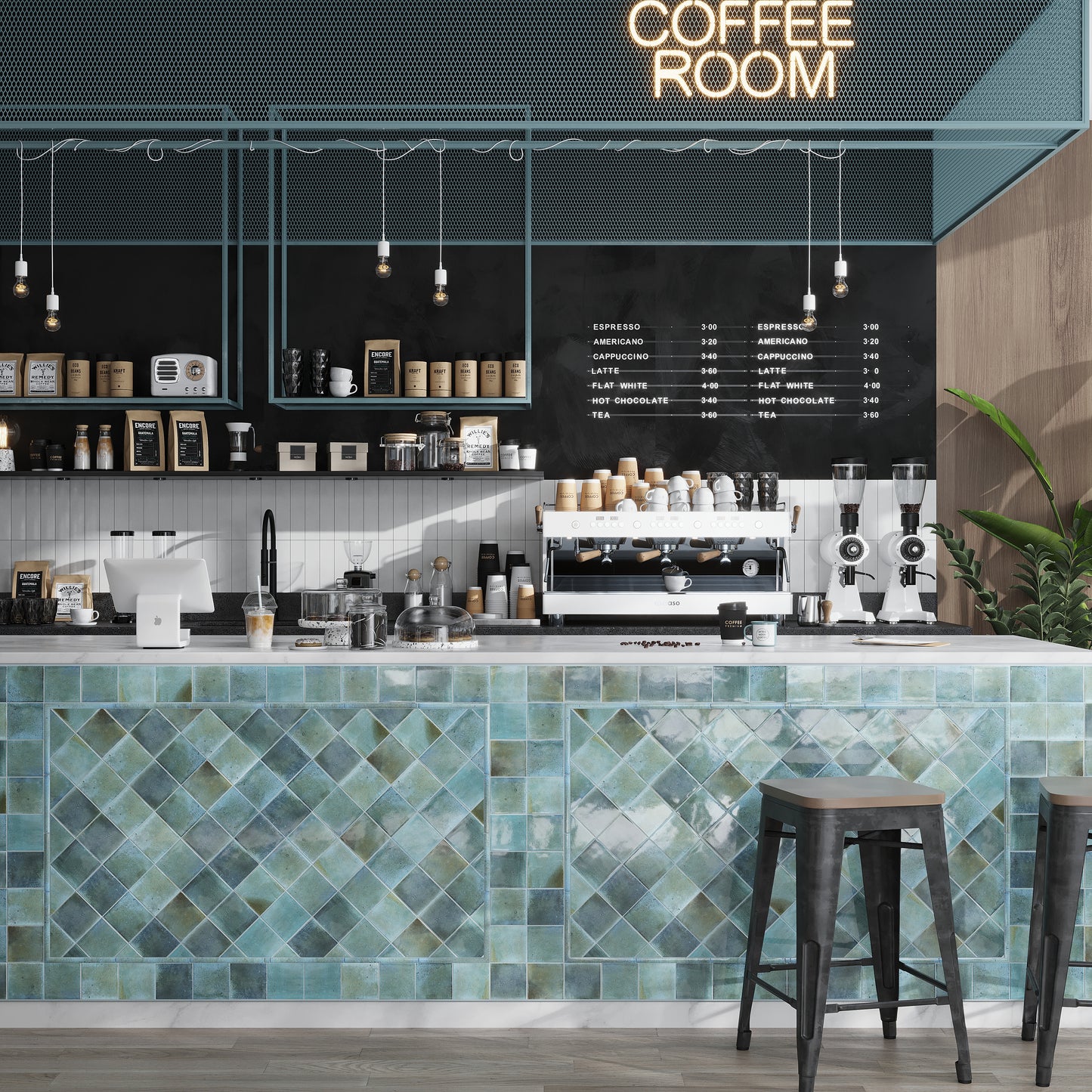 blue glossy 4x4 ceramic square tiles with varied shades creating a patterned surface