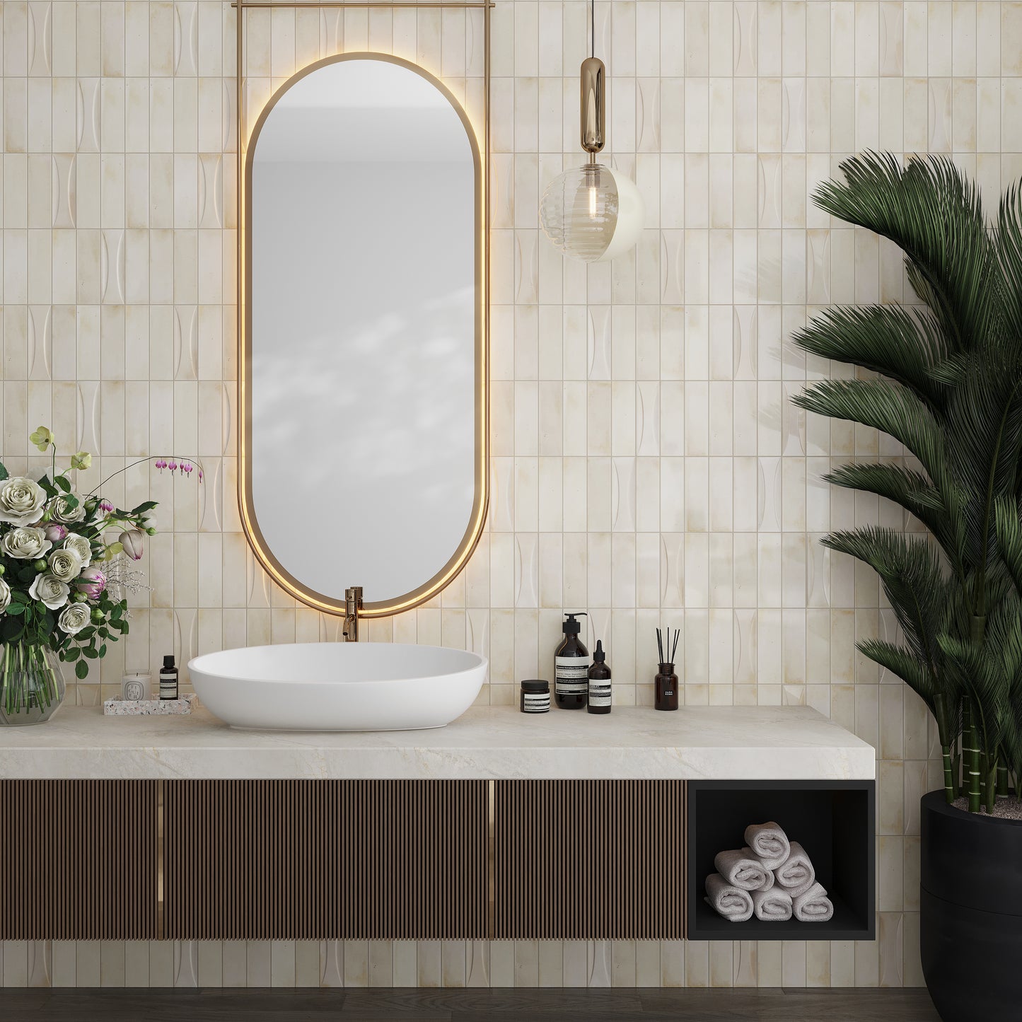 white 2.5 x 8 glossy ceramic subway tile with subtle texture on bathroom wall