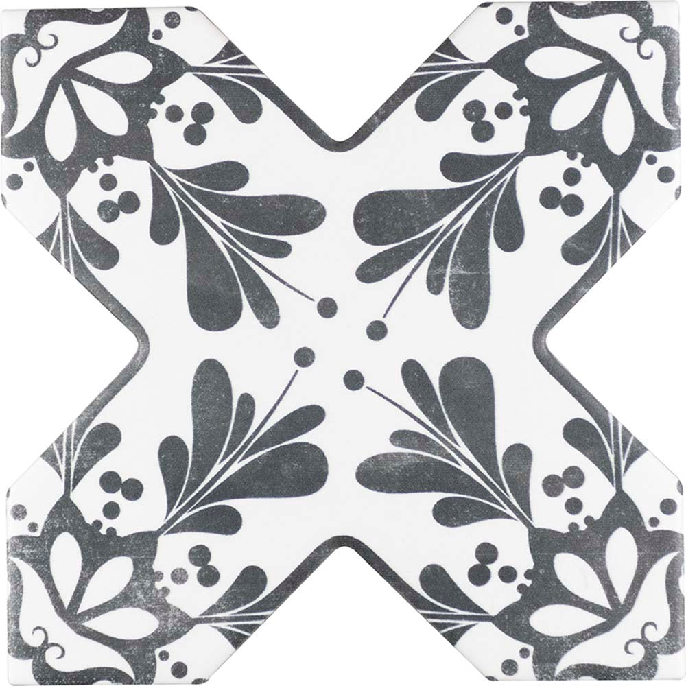5" White Star with Charcoal Black Cross Deco Matte Ceramic Tile