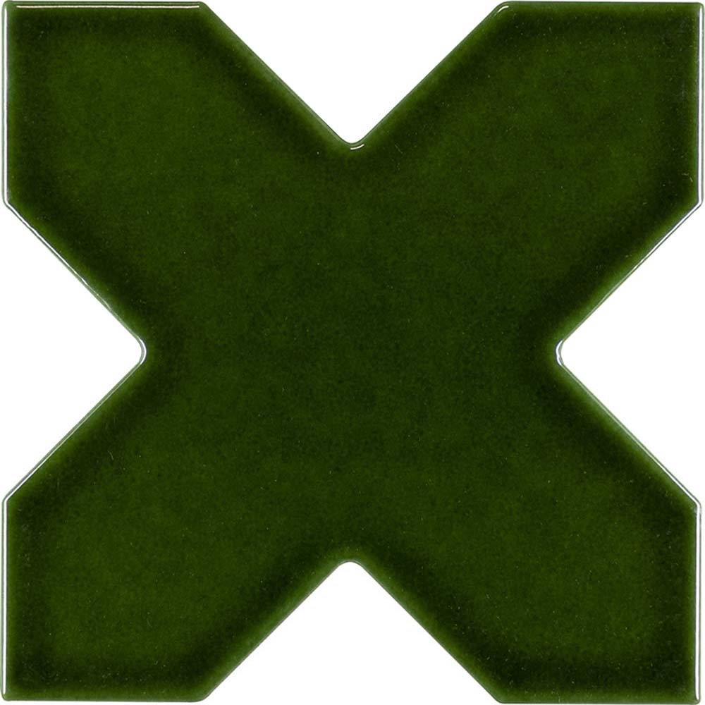 5" Pearl White Star with Dark Green Cross Glossy Ceramic Tile - Sample