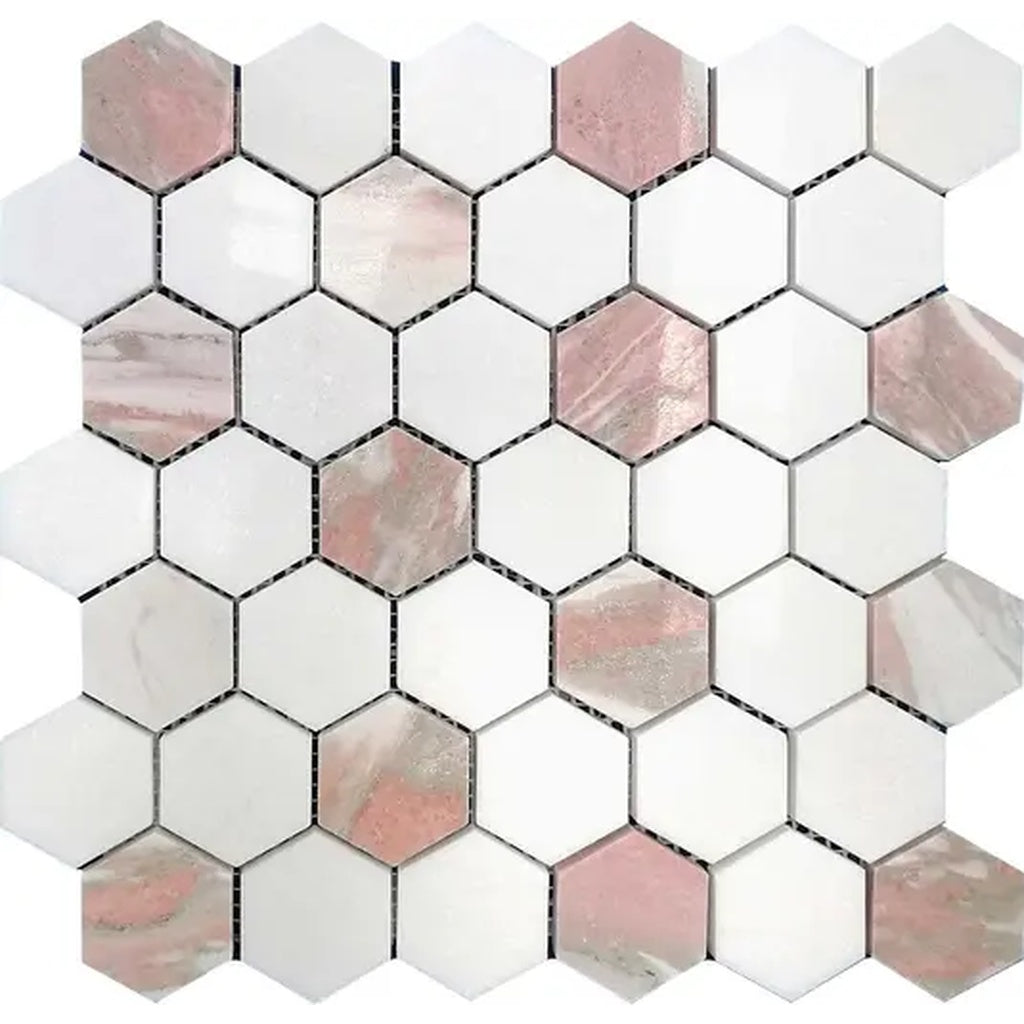 Pink, White 12x12 Polished Thassos, Norway Rose Hexagon Mosaic Tile
