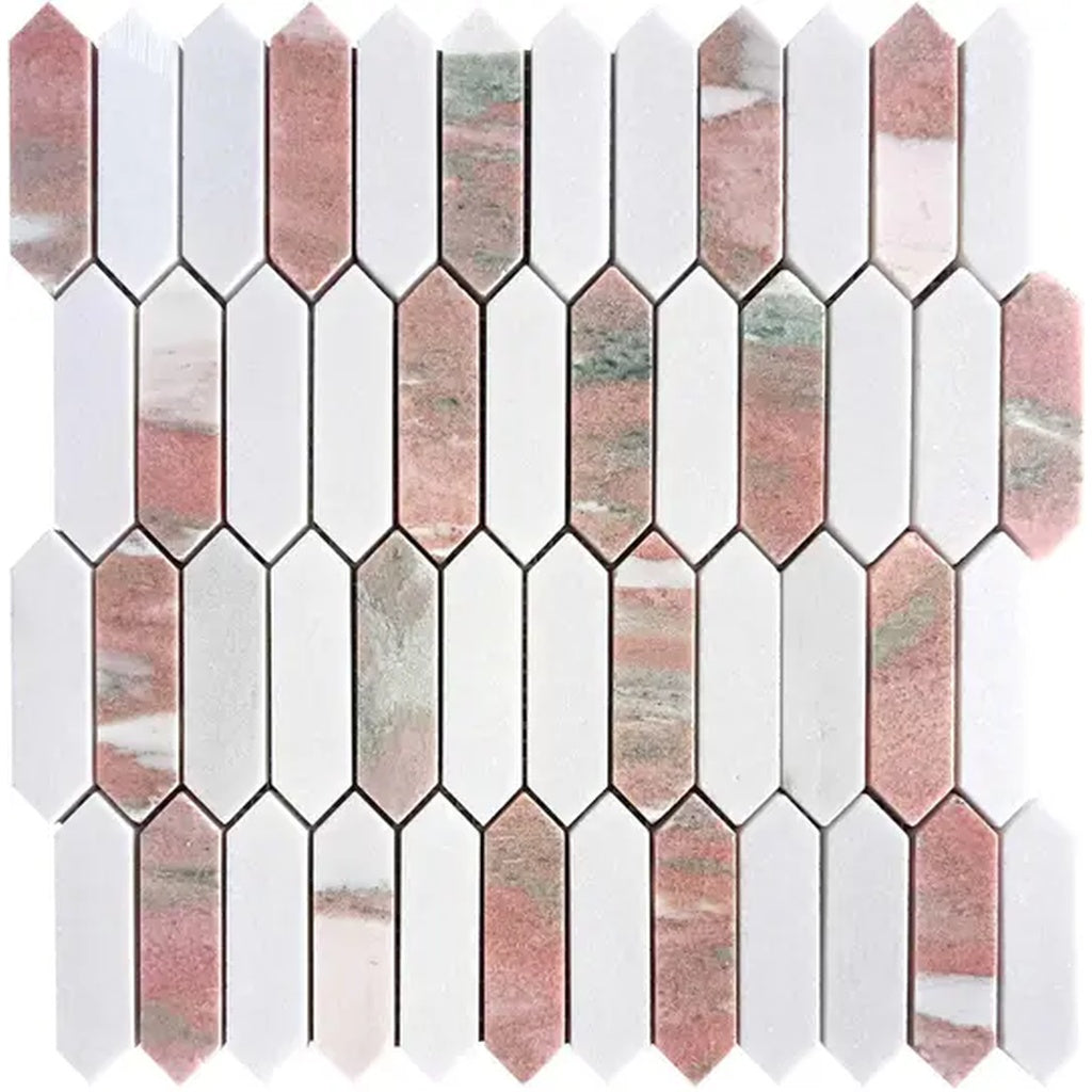 Pink, White 12x12 Polished Thassos, Norway Rose Picket Mosaic Tile - Sample