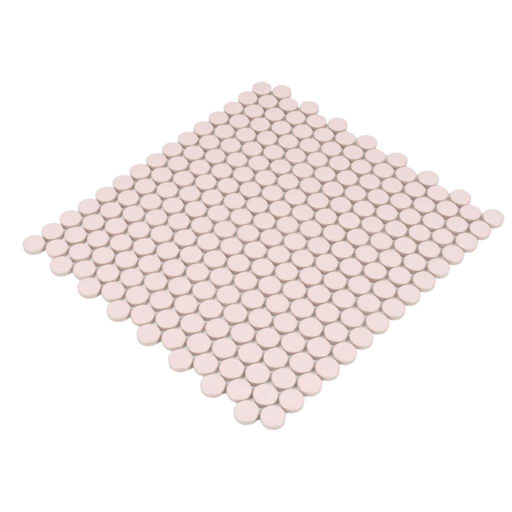 Glossy nude pink 12x12 inch porcelain mosaic tile sheet with round penny tiles