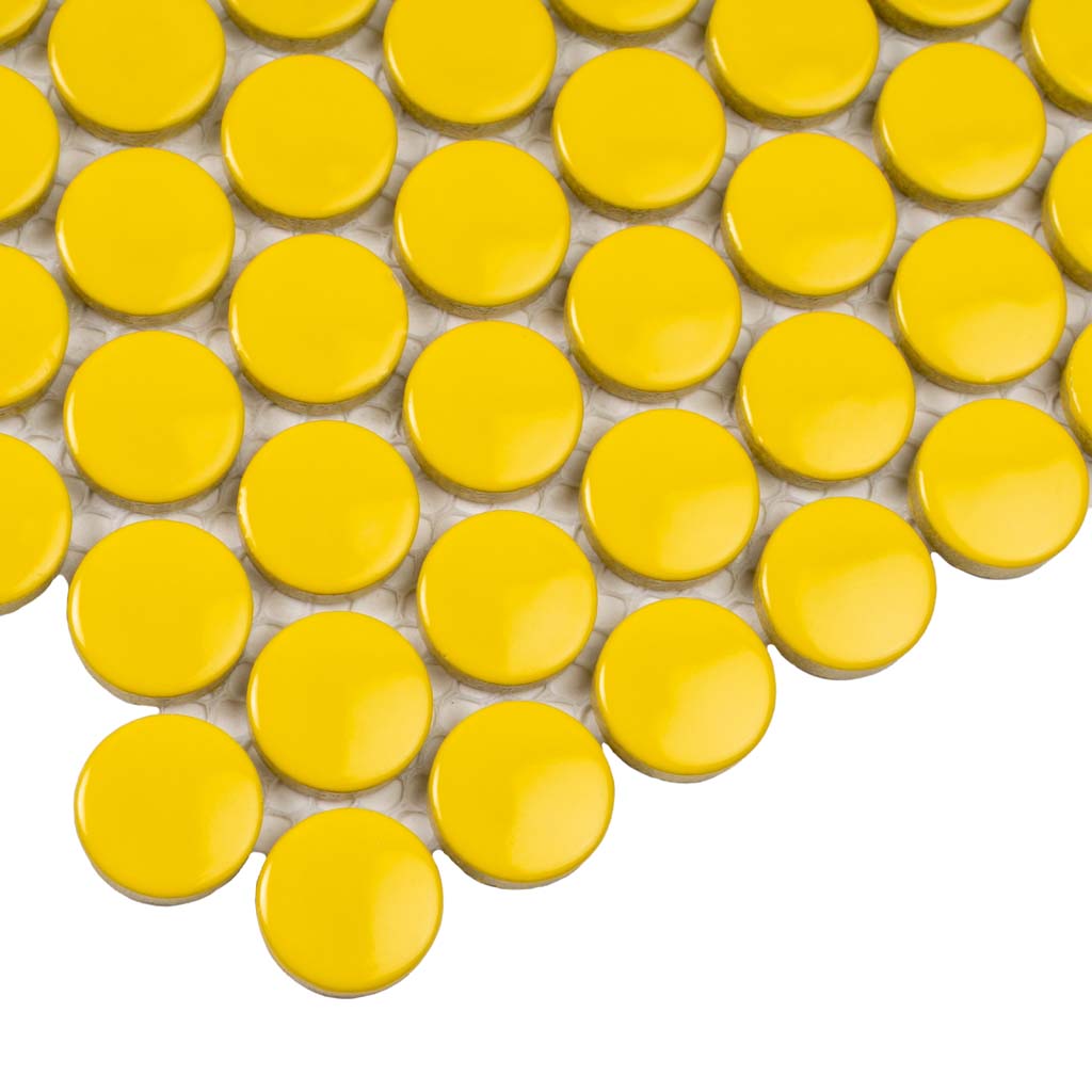 Glossy yellow round porcelain mosaic tiles arranged in a 12x12 sheet with white mesh backing