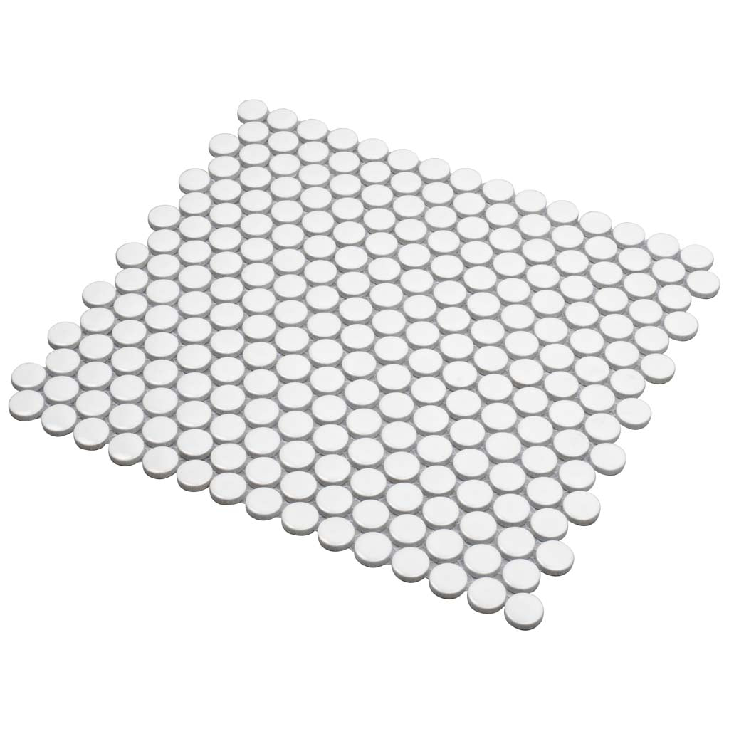 Glossy cotton white 12x12 porcelain mosaic tile with circular penny round design