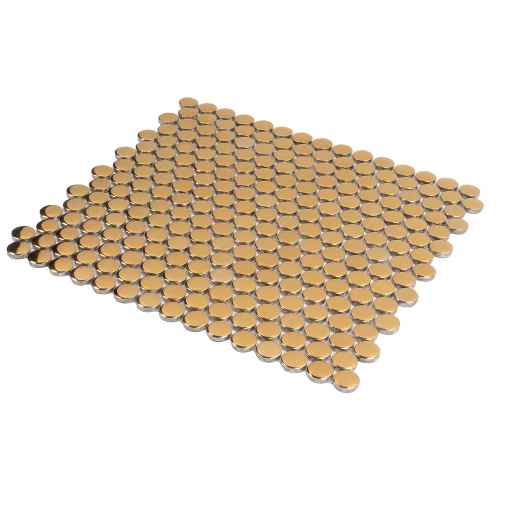 Glossy gold circular porcelain mosaic tile sheet 12x12 inches with metallic finish
