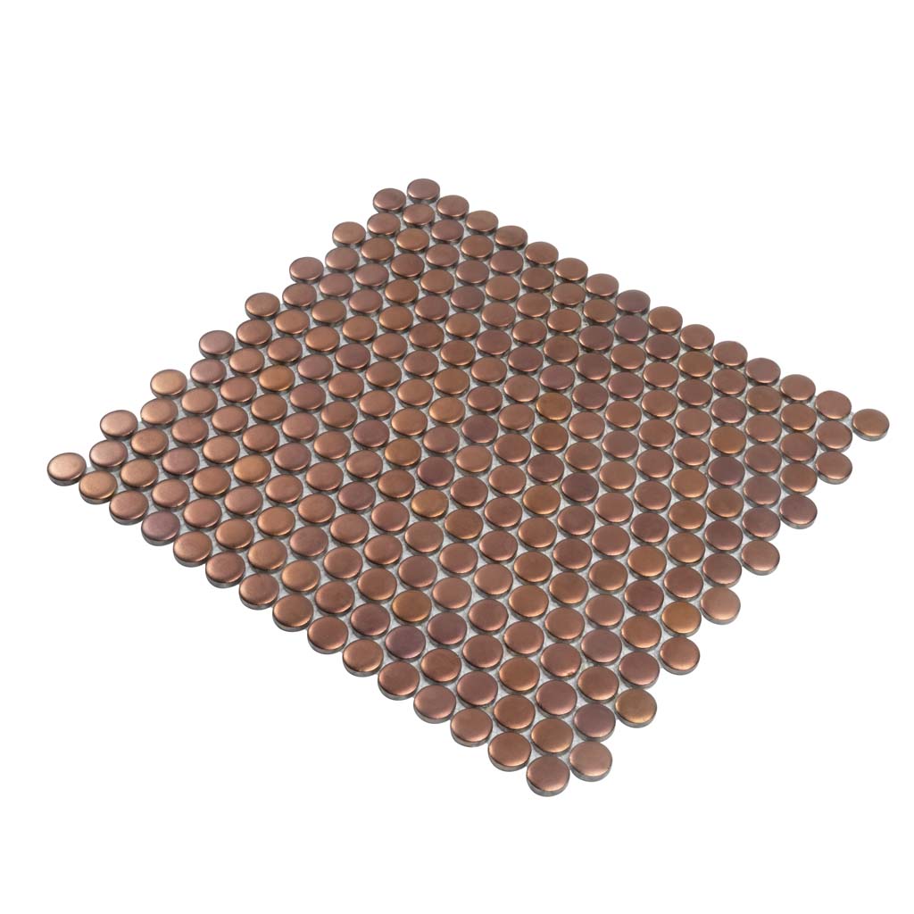 12x12 matte porcelain mosaic tile in copper gold with round penny-style tiles