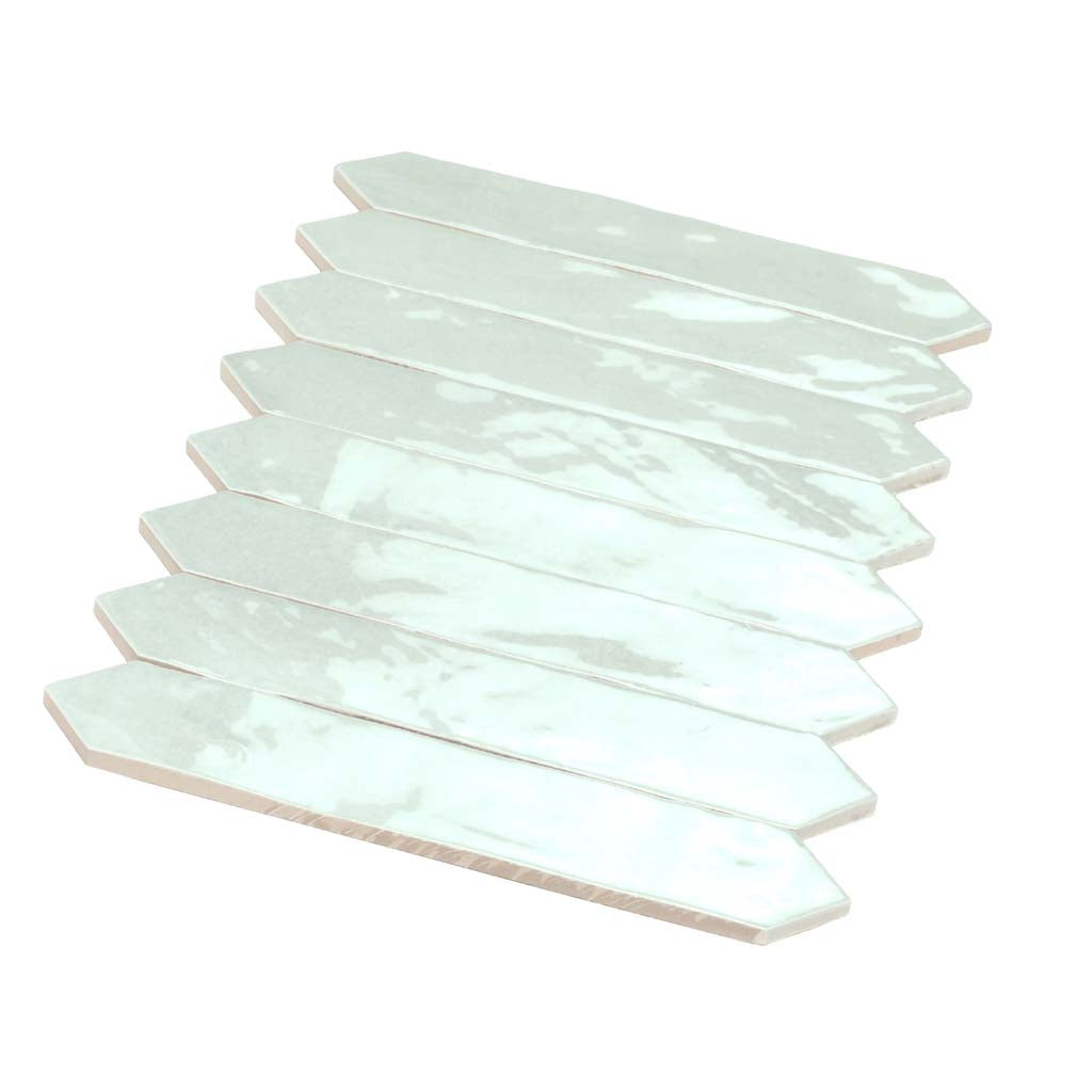 Glossy pistachio green ceramic picket tiles measuring 2 by 10 inches arranged in a layered pattern