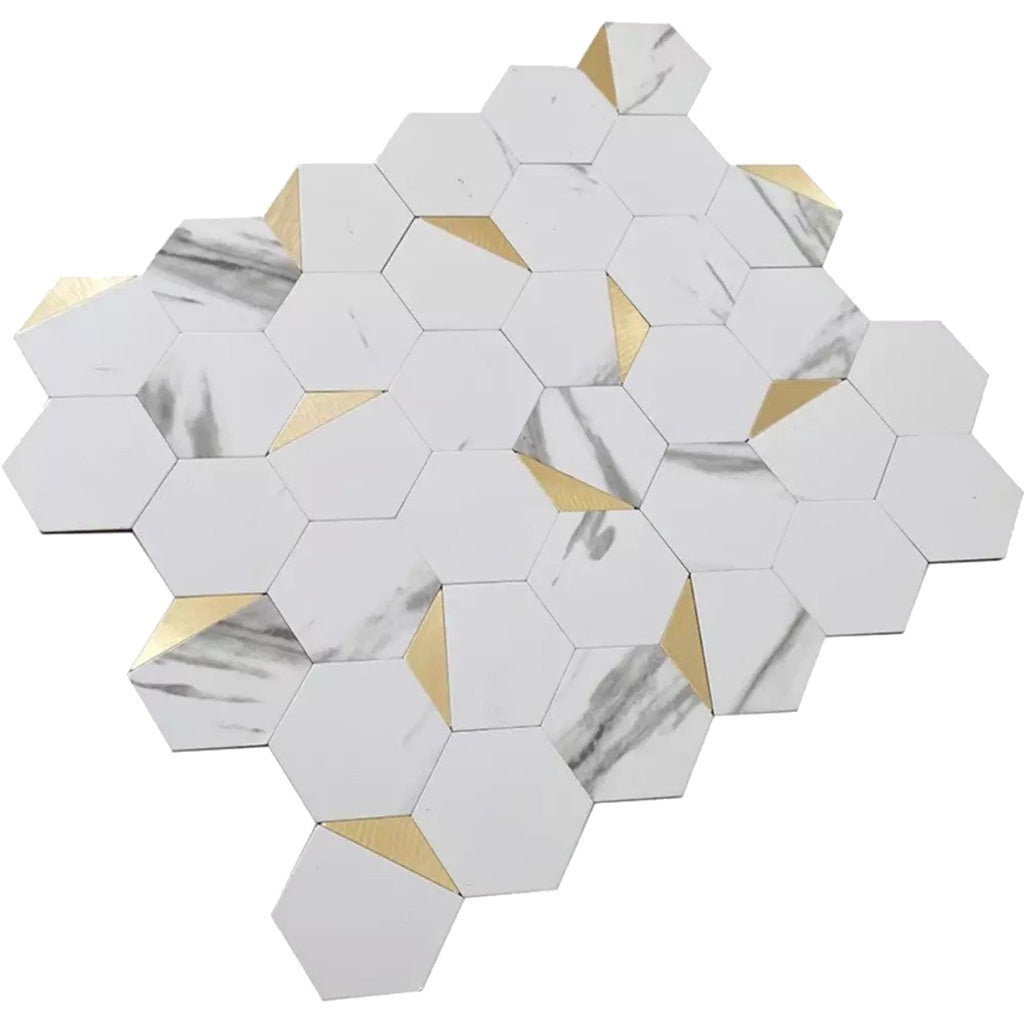 Hexagonal white and gold honed PVC peel and stick tile with marble pattern accents