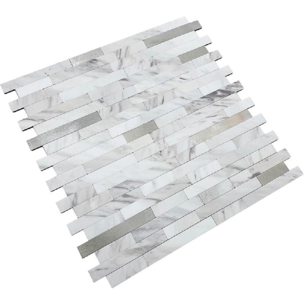 White and silver polished PVC peel and stick tile with rectangular strips in 10x12 layout