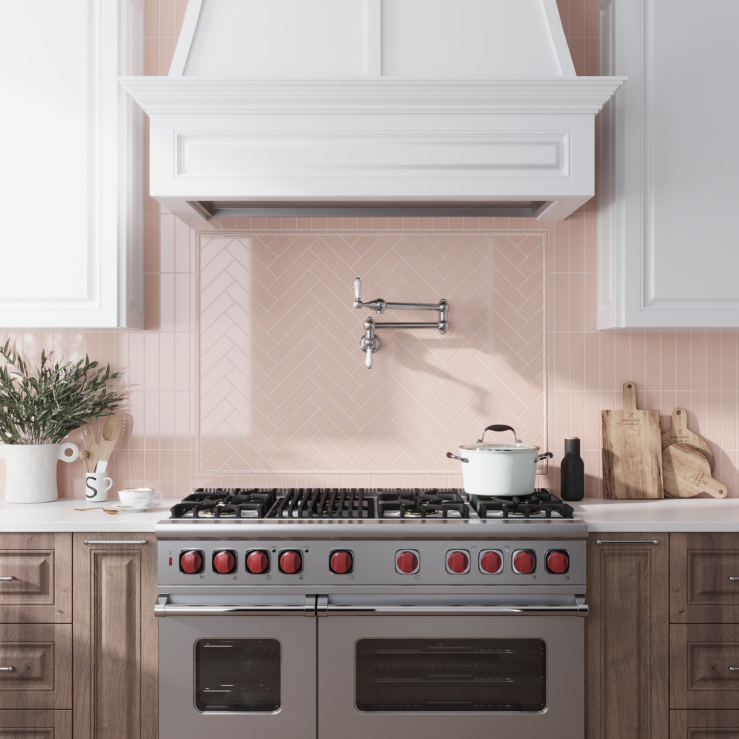 pink 2x8 glossy ceramic subway tile backsplash in kitchen with herringbone pattern center