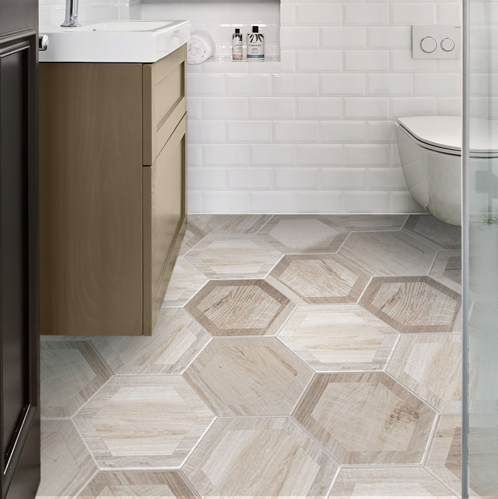 beige matte porcelain hexagon tiles with wood grain pattern on bathroom floor