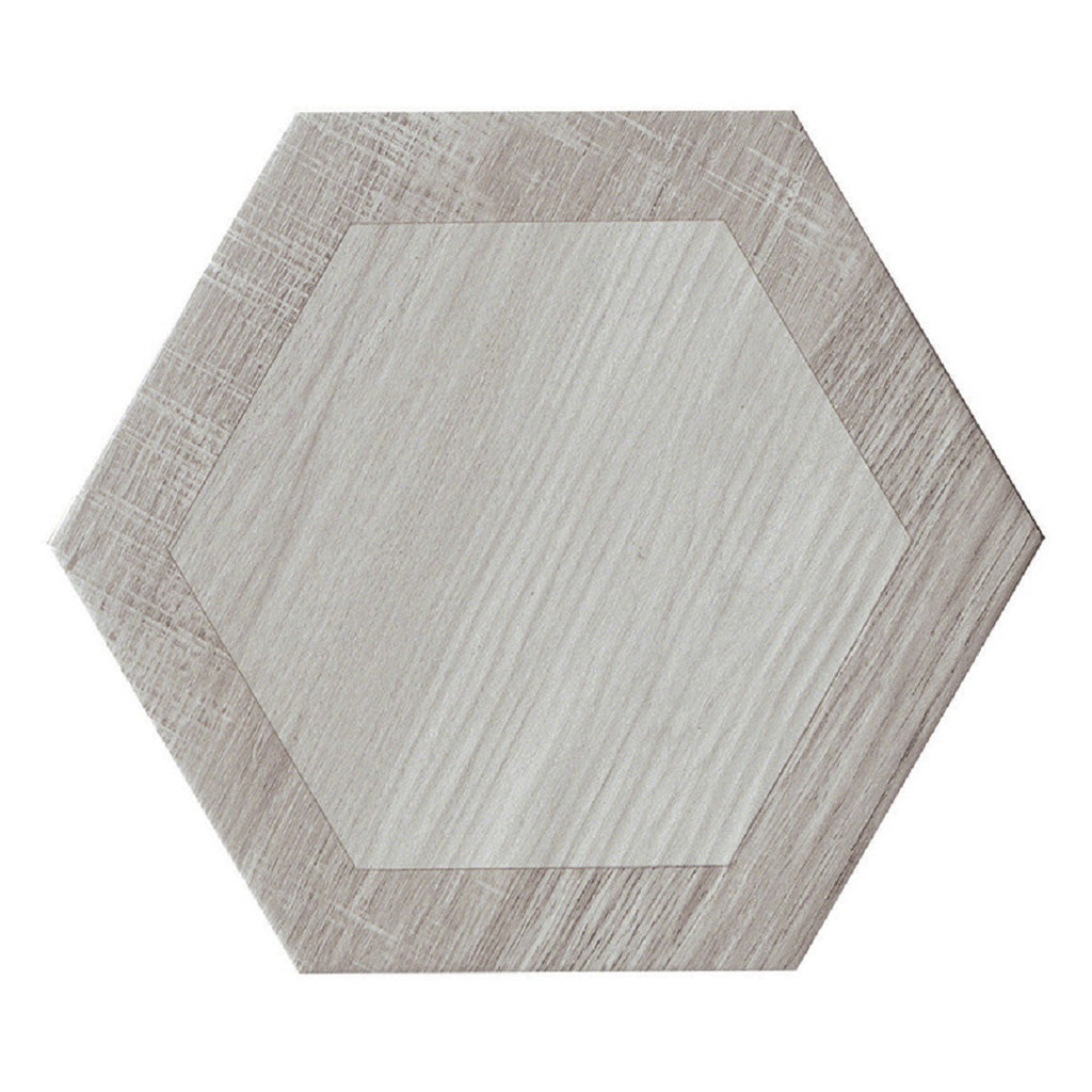 mink gray 10x10 matte porcelain hexagon tile with wood grain texture