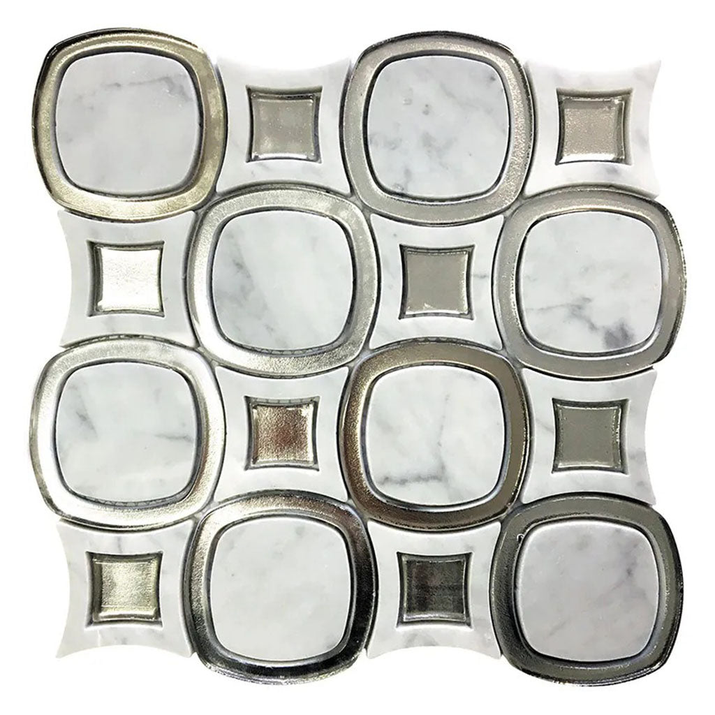 Cloud White and Silver 11 x 11 Polished, Glossy Bianco Carrara, Glass Marble Mosaic Tile