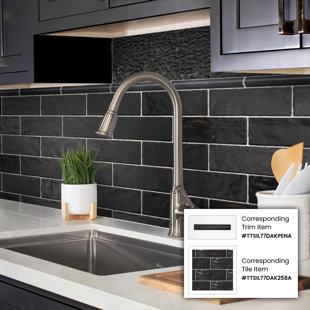 black glossy and matte ceramic subway tile 2.5x8 with pencil bullnose trim