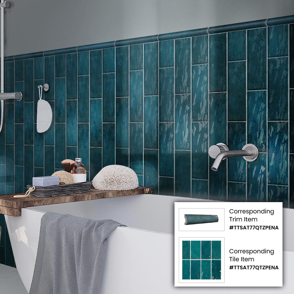 glossy ocean green 2.5x8 ceramic subway tile with varied blue-green shades and bullnose trim