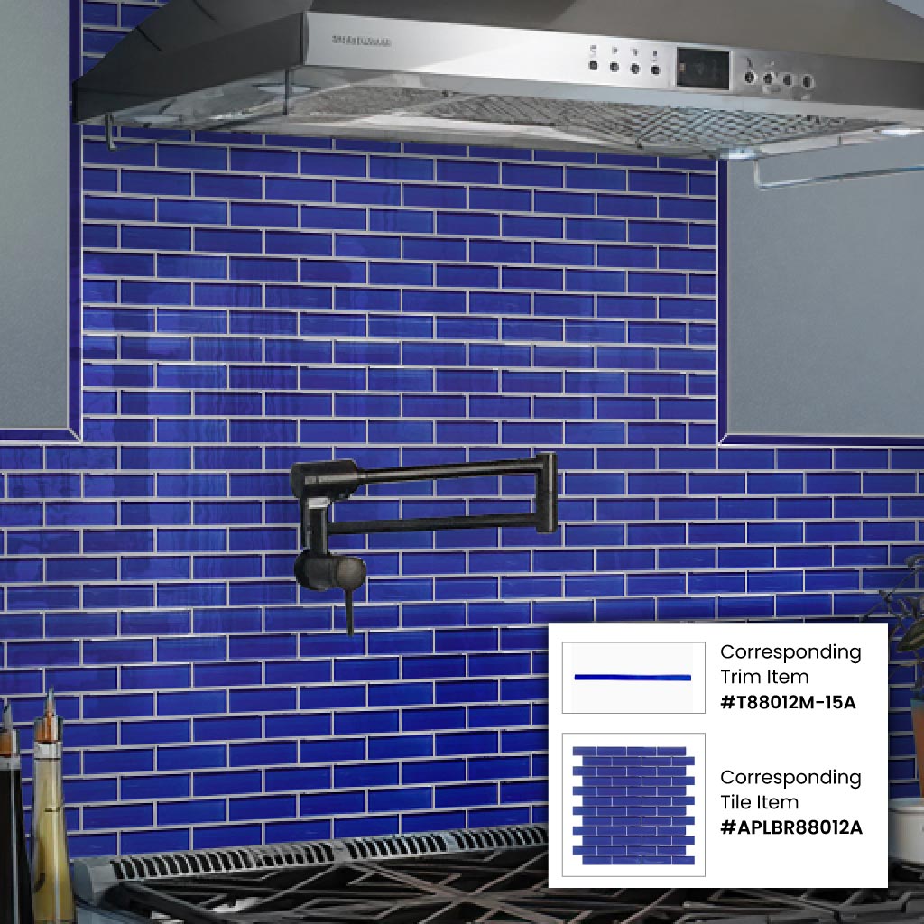 glossy cobalt blue glass mosaic tile in 12x12 brick pattern