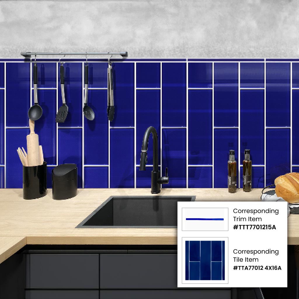 glossy cobalt blue glass subway tiles 4x16 arranged with white grout
