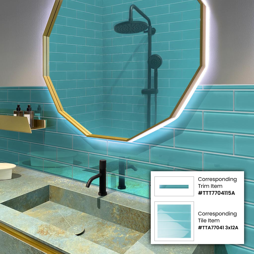 sky blue glossy glass subway tile wall in bathroom with reflective surface and modern finish
