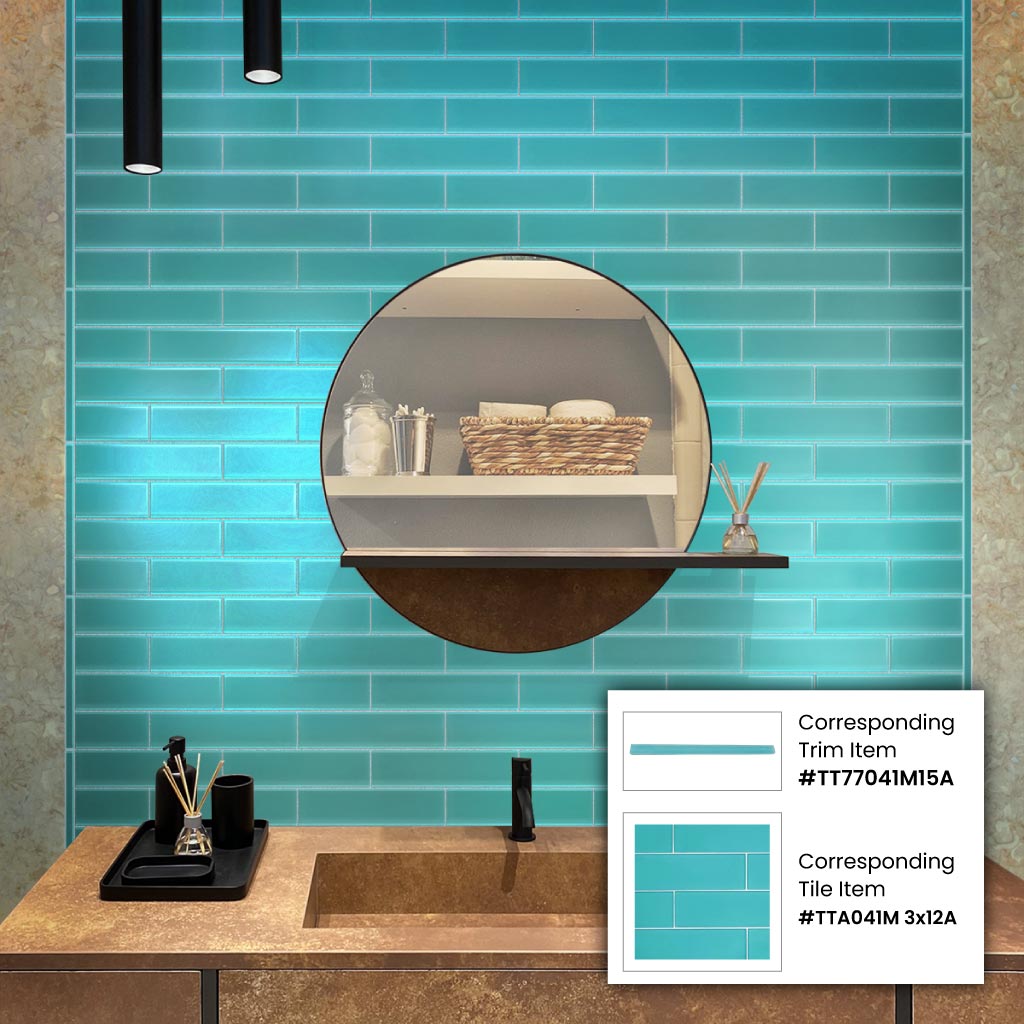 sky blue matte glass subway tile wall in 3x12 size with horizontal rectangular layout