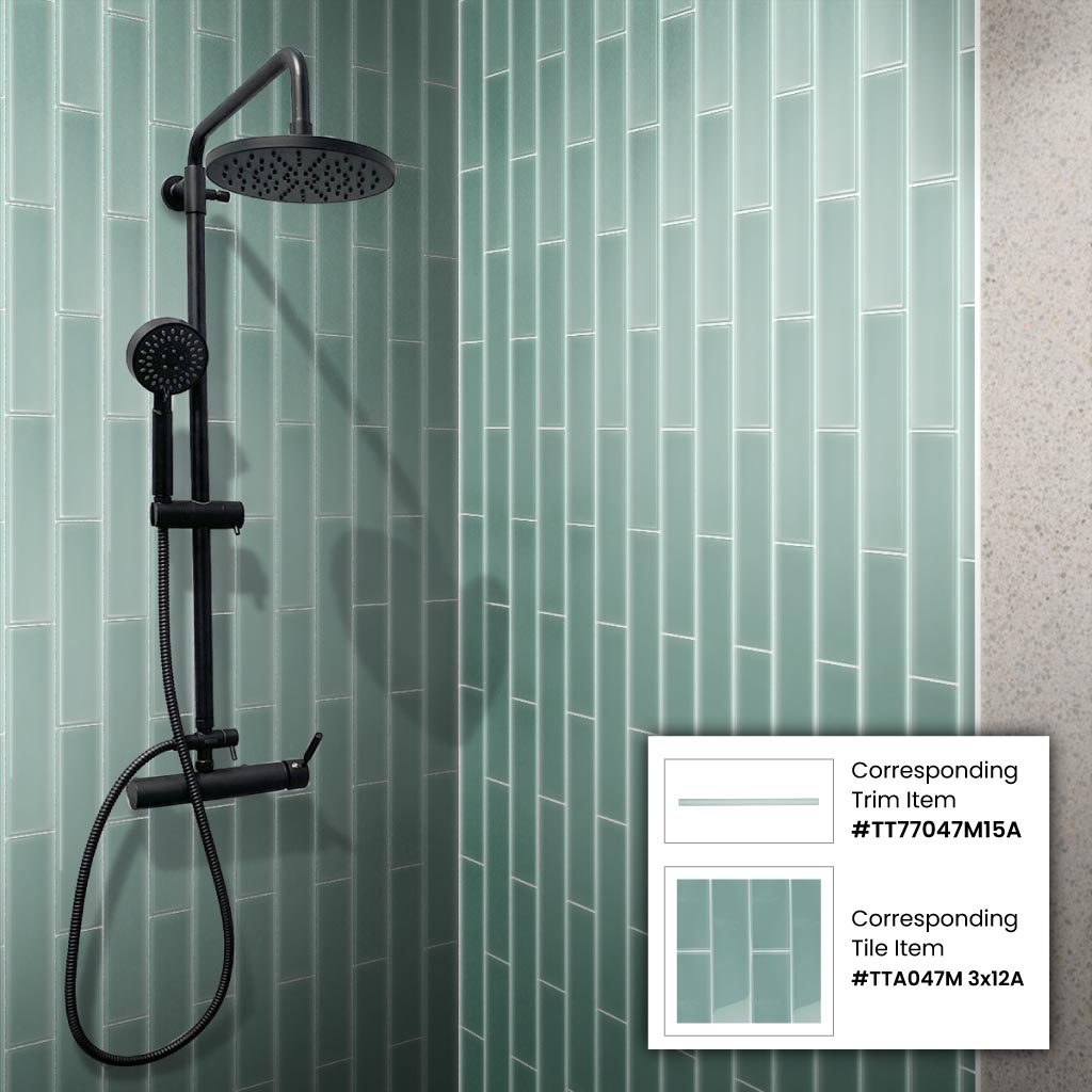 blizzard blue matte glass subway tile 3x12 installed vertically with white grout