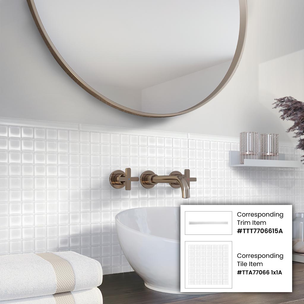 white glossy glass square mosaic tile backsplash with subtle reflective finish