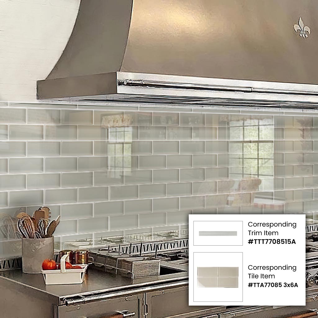 warm greige 3x6 glossy glass subway tile backsplash with smooth reflective surface