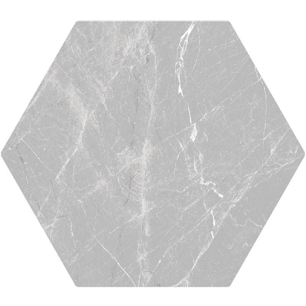 light gray matte porcelain hexagon tile with marble-like veining 8x9 inch
