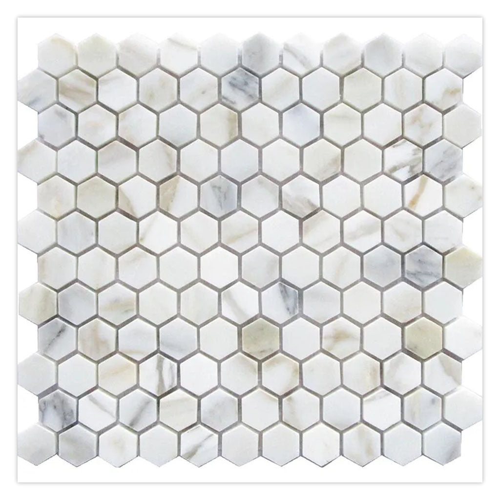 White Gray 11 x 12 Hexagon Calacatta Gold Polished Marble Mosaic Tile