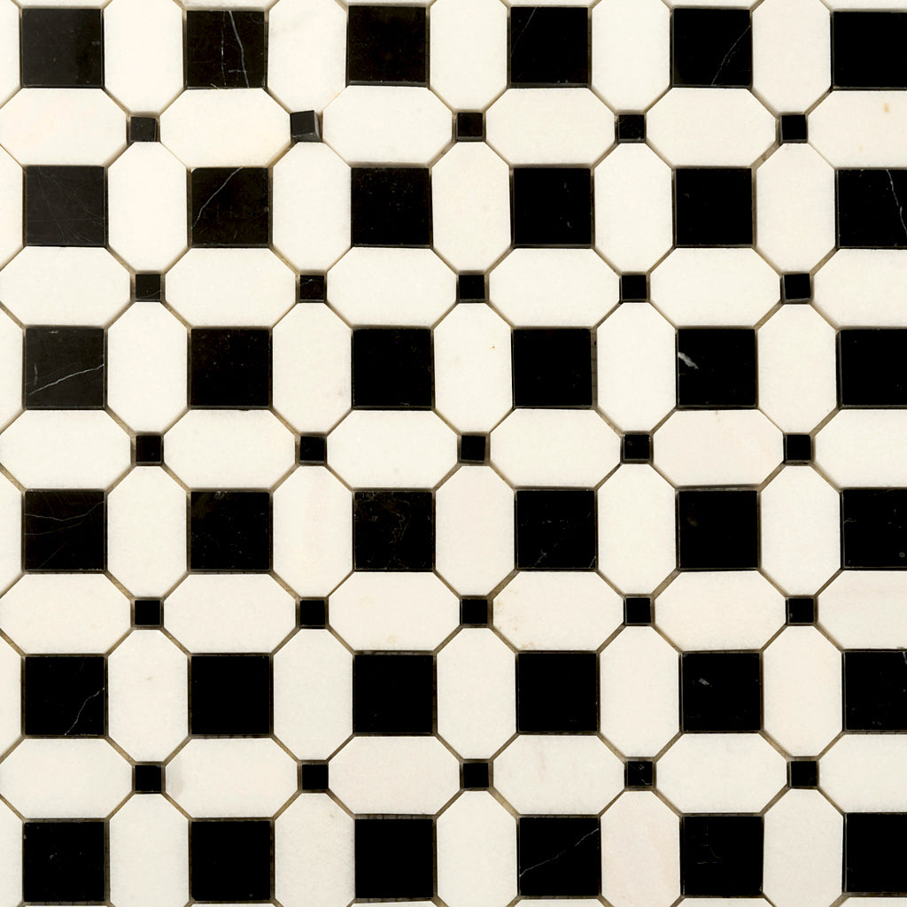 Black and White 12 x 12 Polished Marble Mosaic Tile - Sample