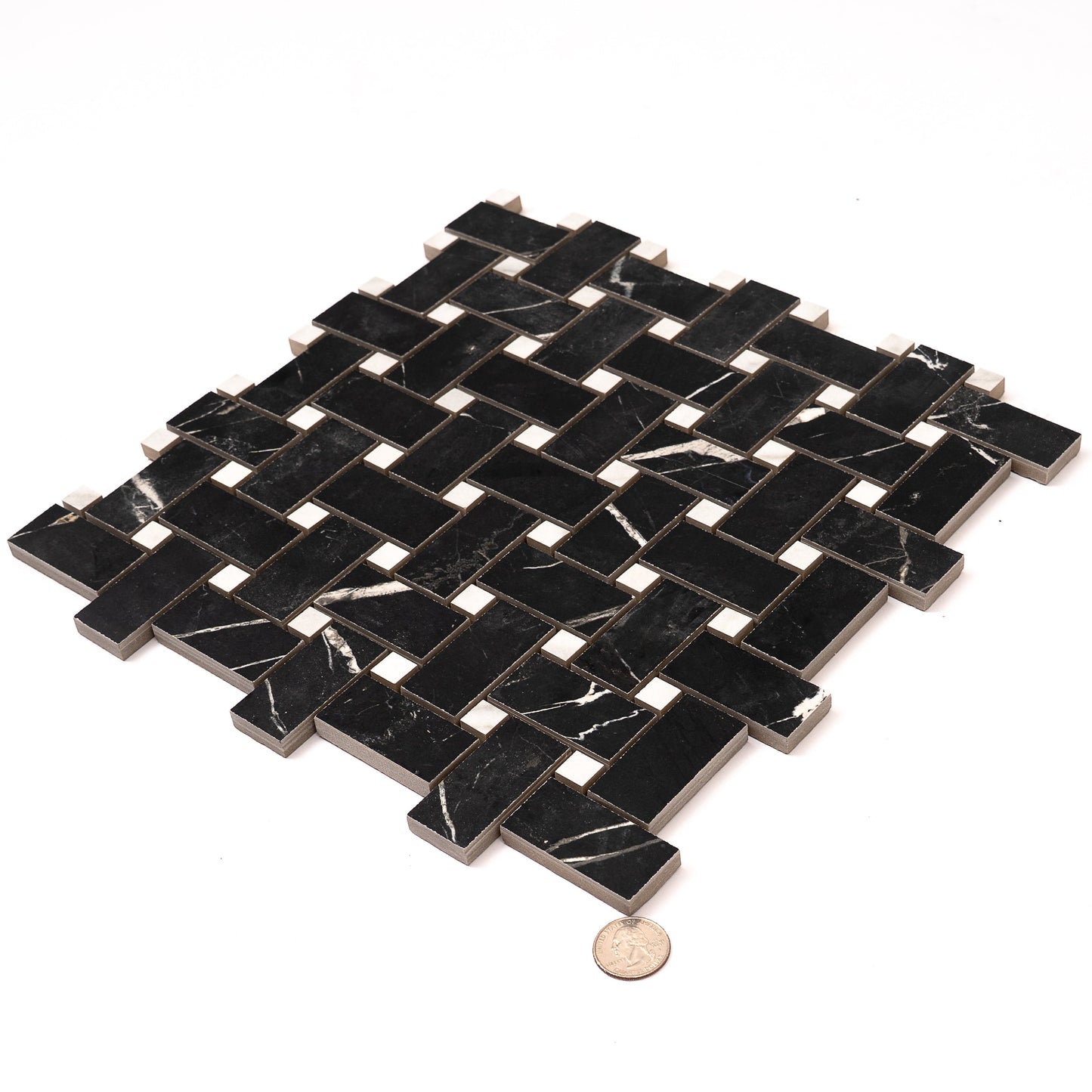 Nero Black, White 12x12 Matte Gres Porcelain Basketweave Mosaic Tile