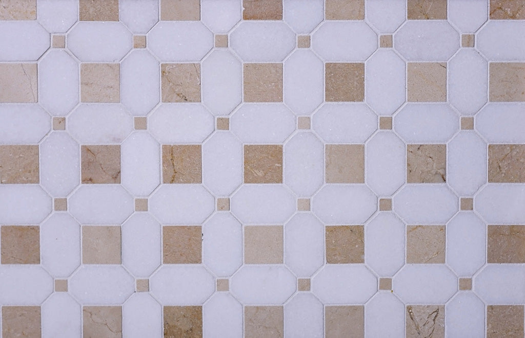 White and beige polished Thassos and Crema Marfil marble mosaic tile in 12x12 pattern