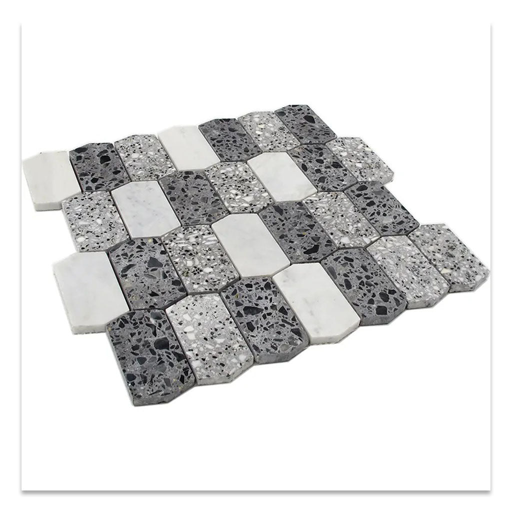 White and Charcoal Gray 11 x 13 Honed Terrazzo, Carrara Marble Mosaic Tile