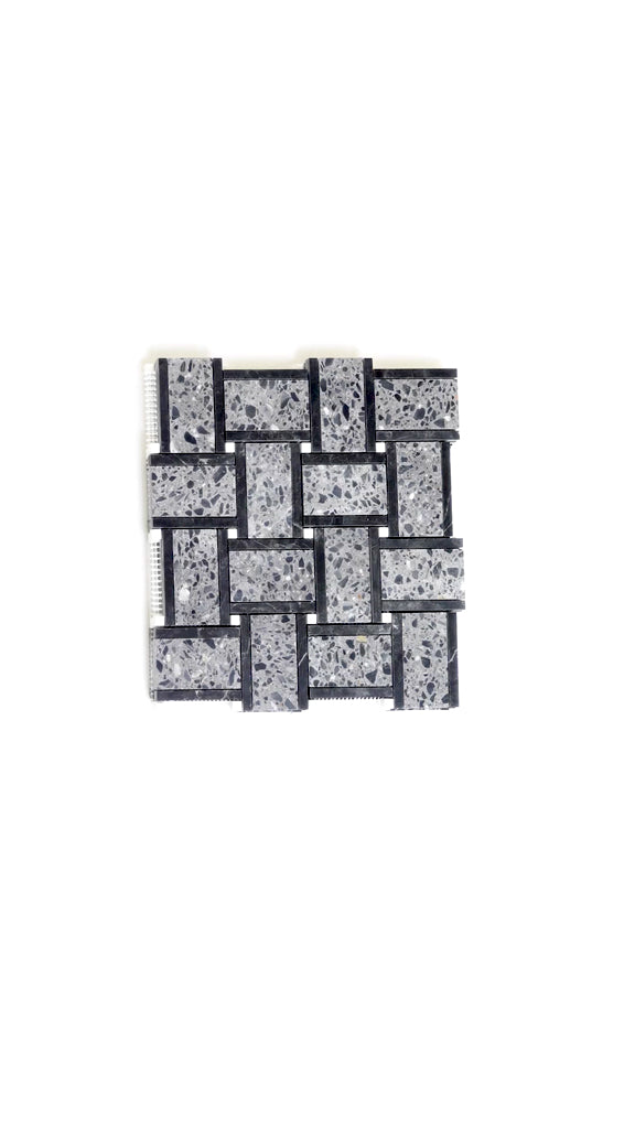 Terrazzo Dolomite, Black Limestone 12 x 12 Honed Marble Mosaic Tile