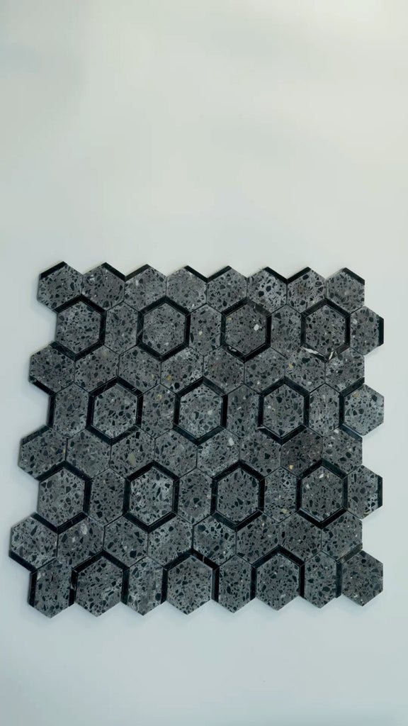 Terrazzo, Black Limestone 11 x 12 Honed Marble Mosaic Tile
