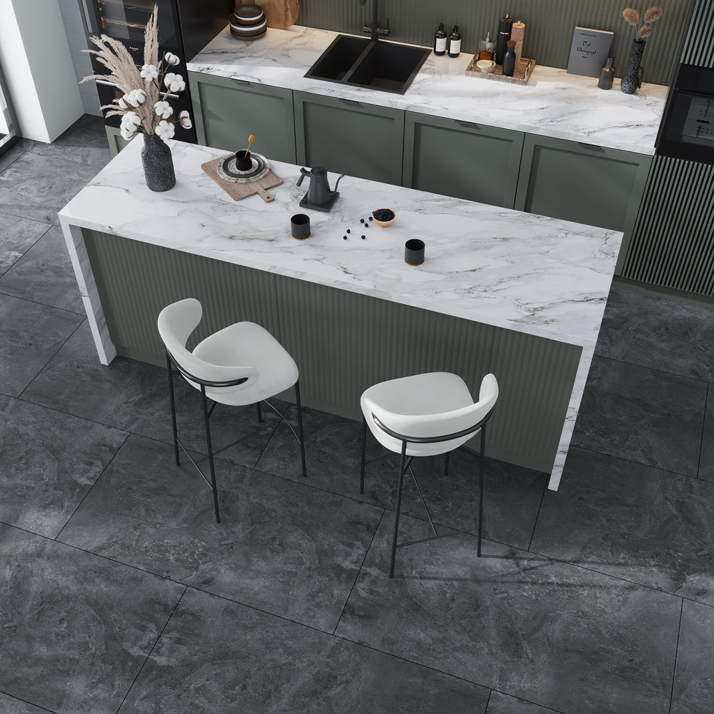 matte slate black large porcelain tiles 24 by 48 inches with subtle texture and dark gray shades