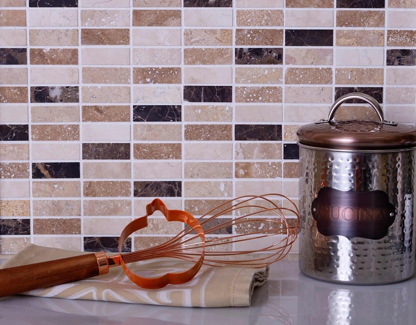 Beige and Brown 12 x 12 Polished Marble Mosaic Tile