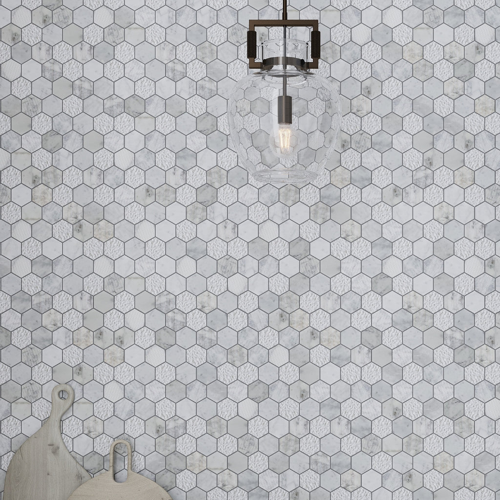 White 12 x 12 Polished, etched Bianco Carrara Marble Mosaic Tile