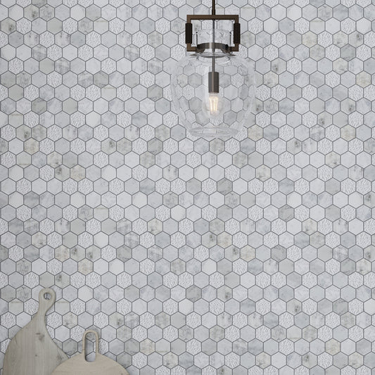 White 12 x 12 Polished, etched Bianco Carrara Marble Mosaic Tile