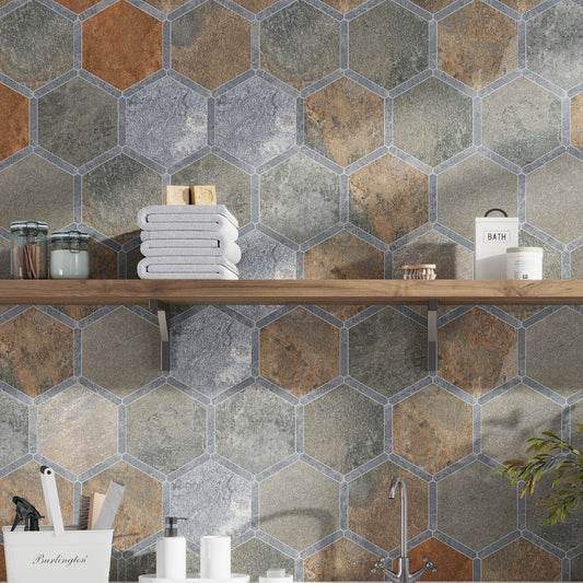 Burnt Umber Brown and Gray 9 x 10 Matte Porcelain Hexagon Tile