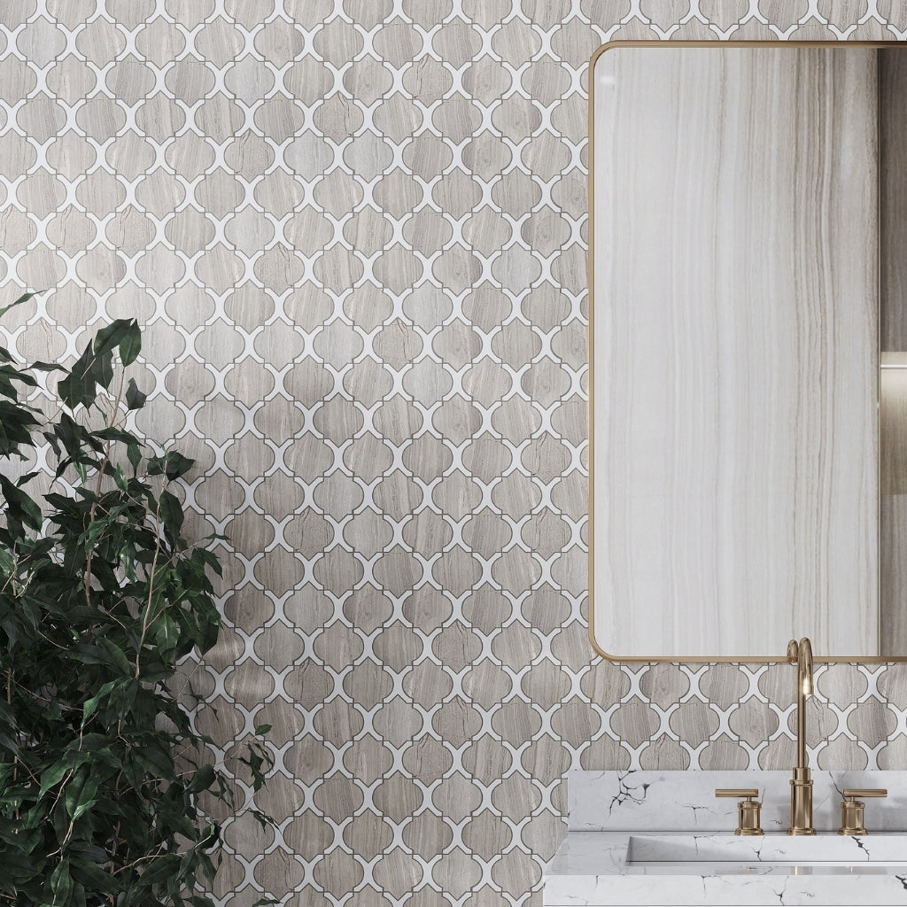 Thassos White, Wooden Grey 10 x 11 Polished Marble Mosaic Tile