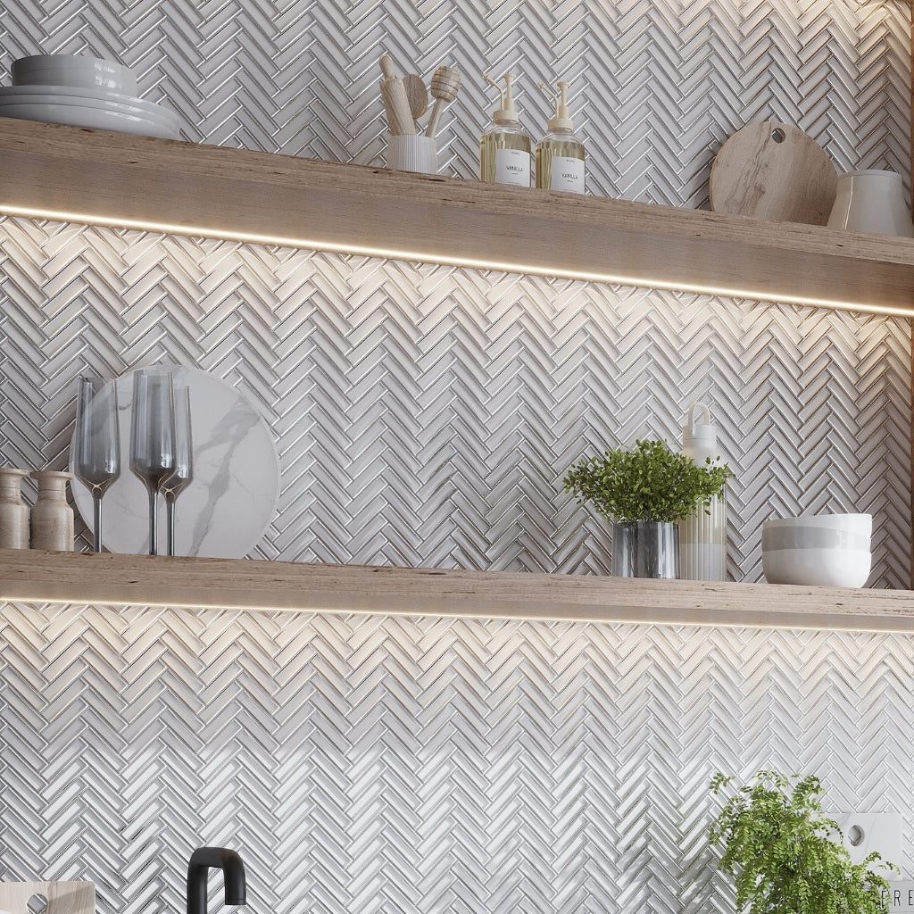 Gray, Silver 12x12 Glossy Glass Herringbone Mosaic Tile
