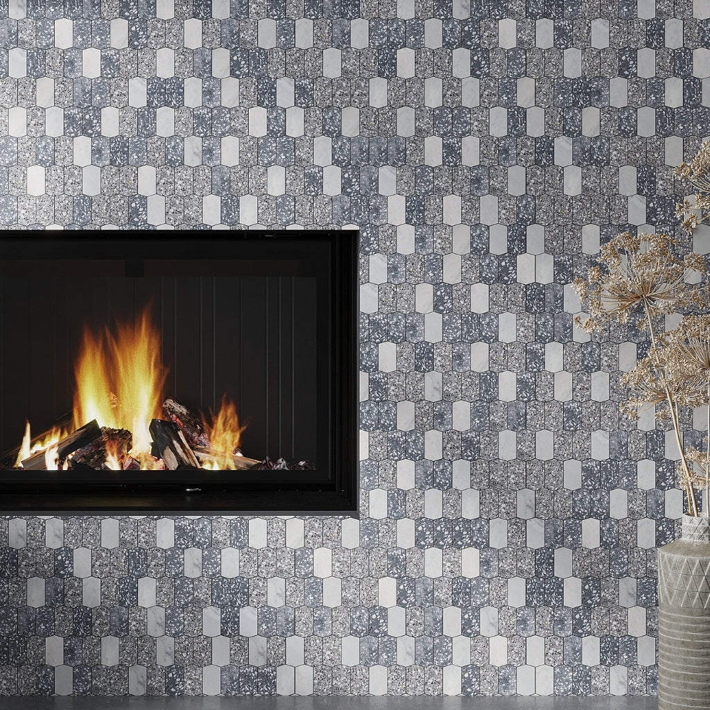 White and Charcoal Gray 11 x 13 Honed Terrazzo, Carrara Marble Mosaic Tile