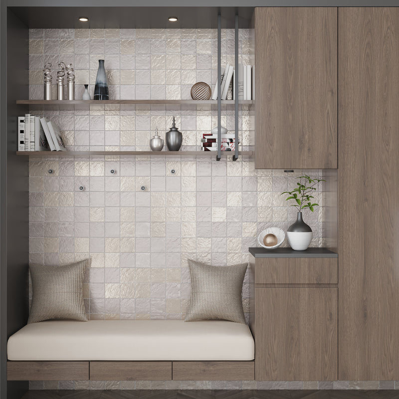 Cloud gray 4x4 glossy and matte ceramic square tiles with textured surface and subtle color variations