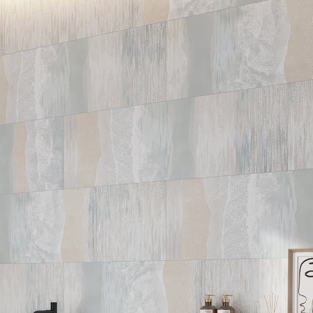 Misty Blue, Ivory Cream 16x48 Matte Ceramic Large Tile