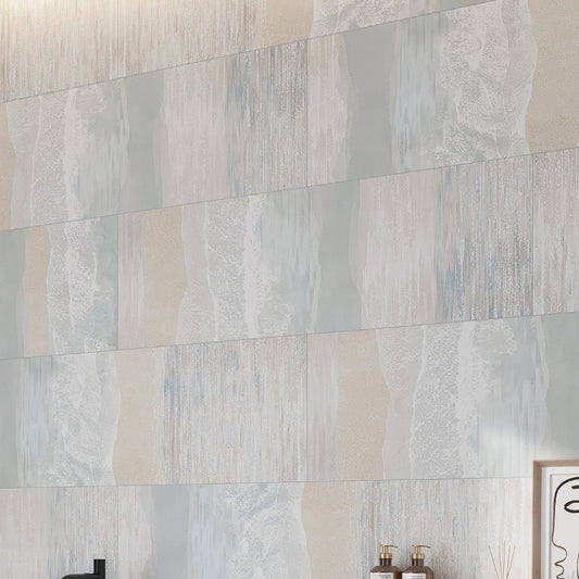 Misty Blue, Ivory Cream 16x48 Matte Ceramic Large Tile