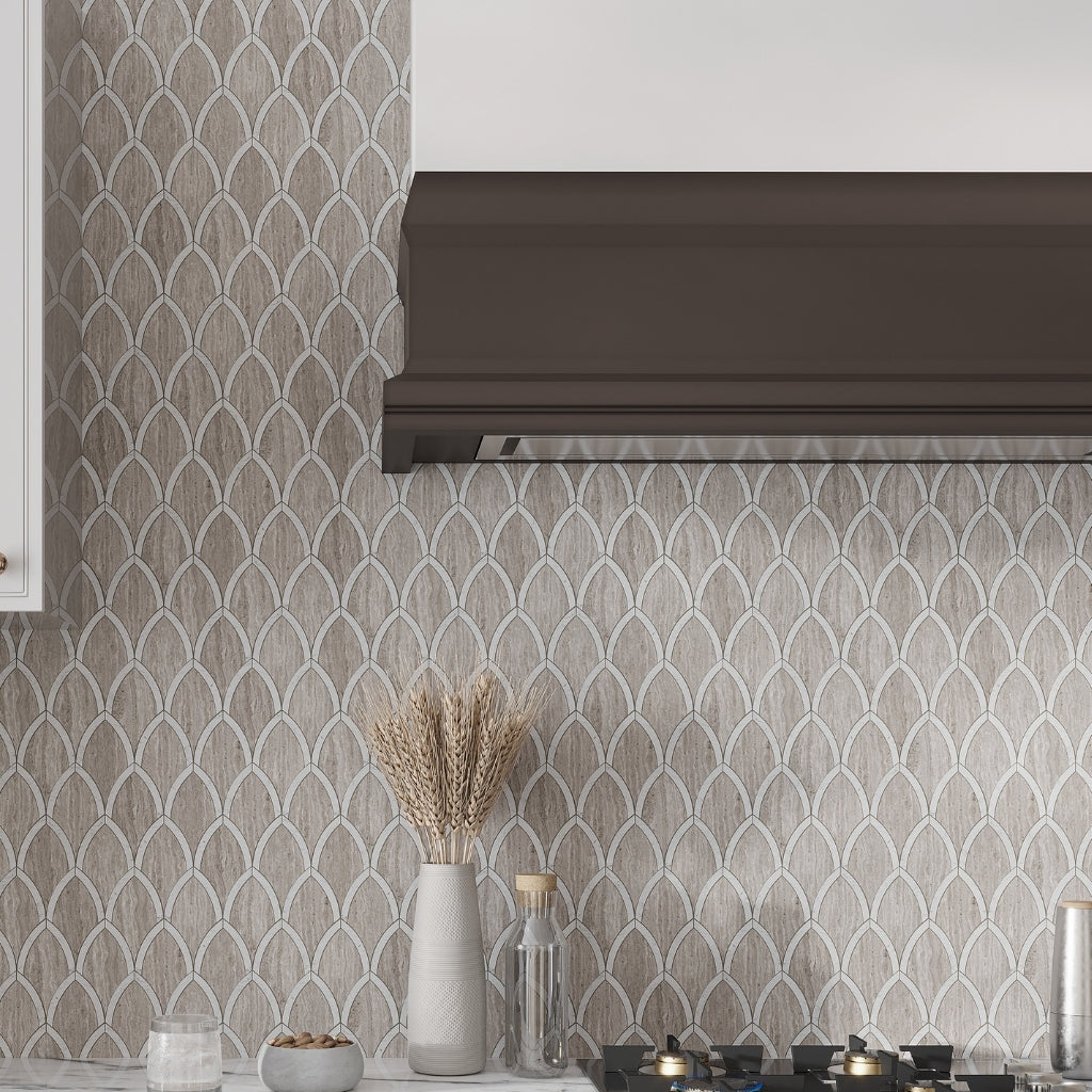Bianco Carrara, Wooden and Athens Grey 14 x 14 Polished Marble Mosaic Tile