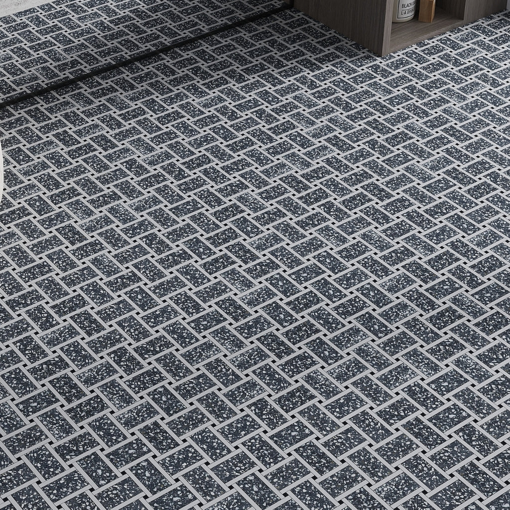 Terrazzo, Dolomite, Black Limestone 12 x 12 Honed Marble Mosaic Tile